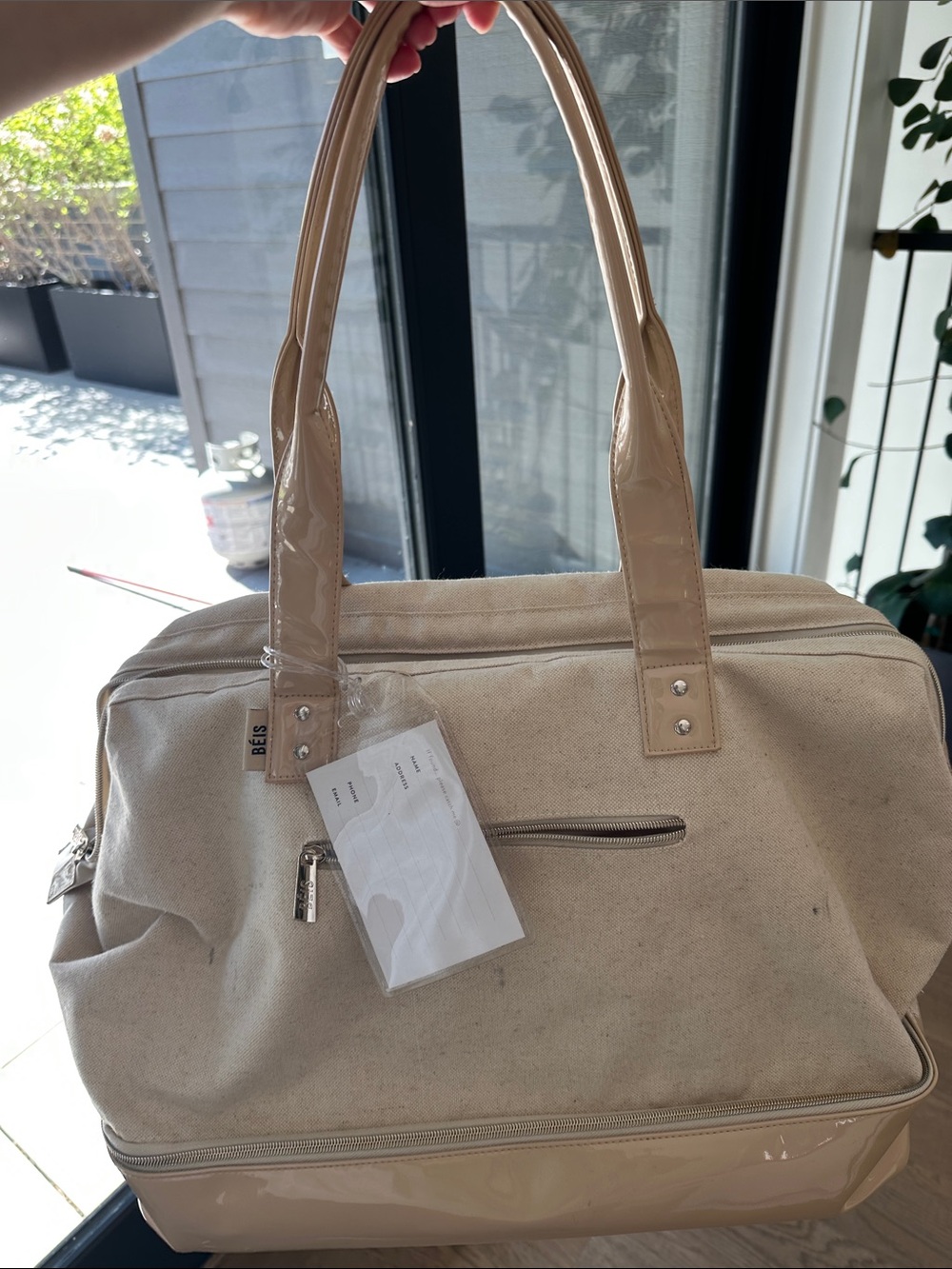 BEIS Natural Canvas Travel Bag with Patent Trim